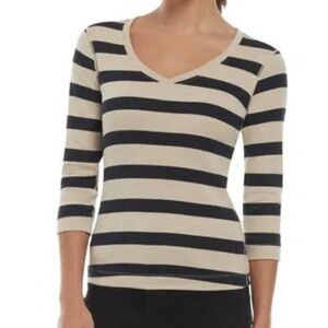 Three Dots Women’s Long Sleeve V-neck Striped 3/4 Sleeve Cotton Shirt Size Small